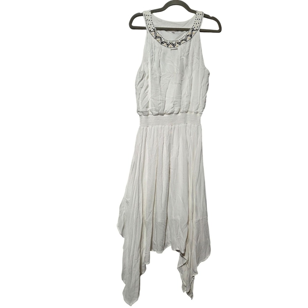 Halo Women White Gauze Handkerchief Hem Beaded Neck Midi Dress Large Boho Beach